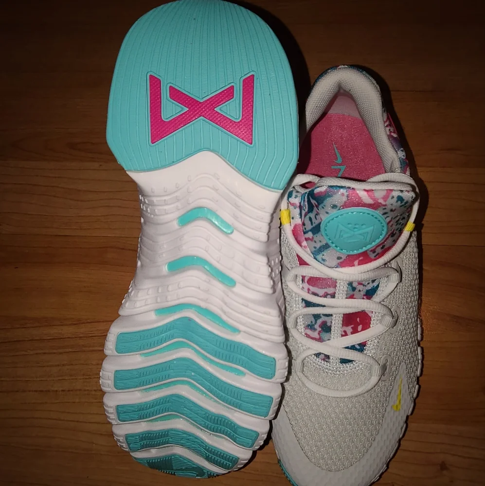 Nike White Sneakers with Teal, Pink and Yellow Accents